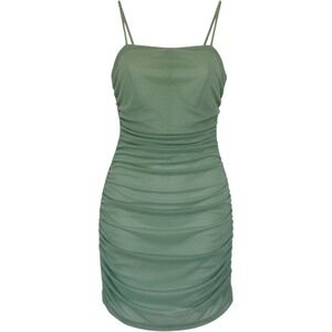 Pear Culture Sage Green Glitter Ruched Mini Dress ZM40099 Womens Medium